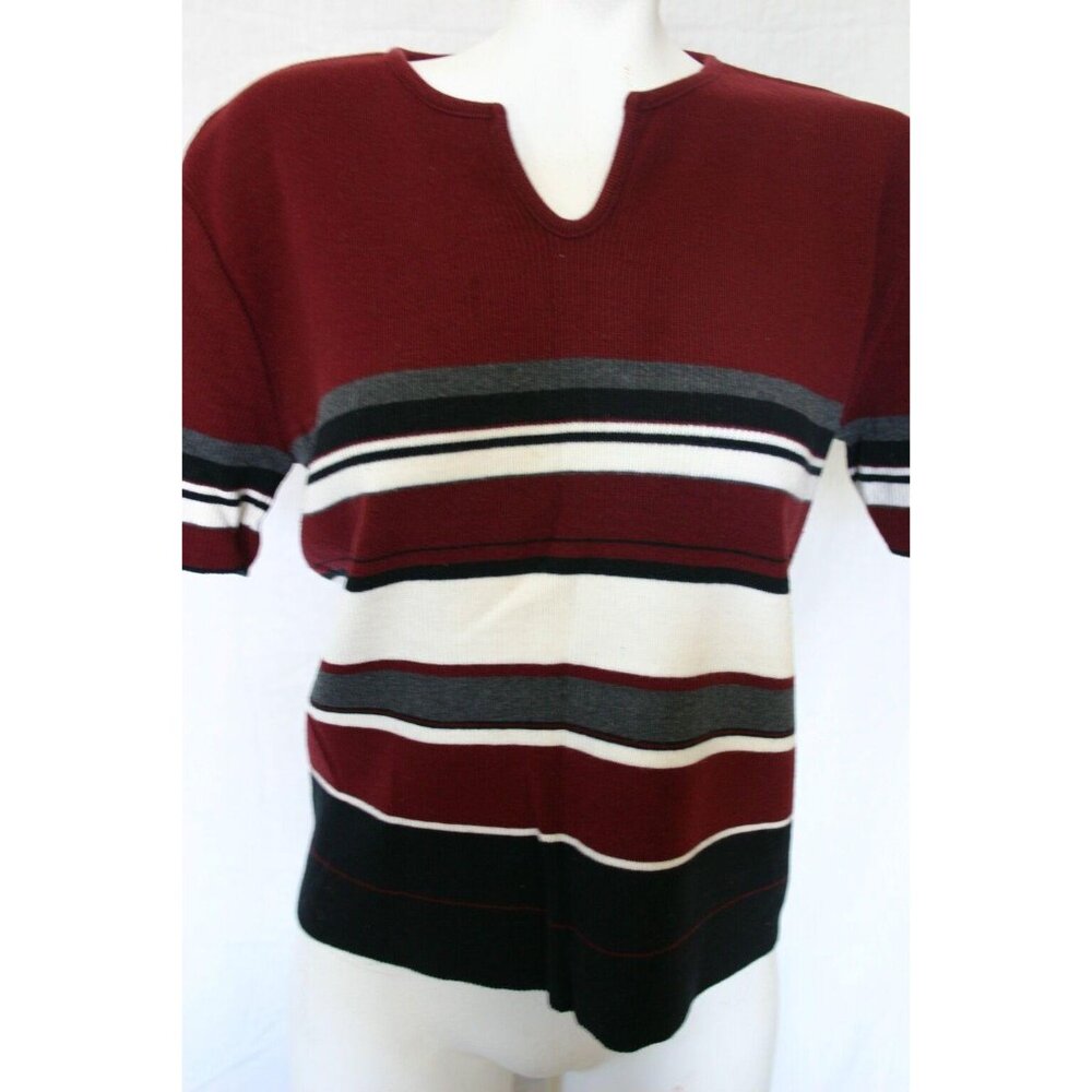 Definitely Womens V-Neck Striped Sweater Red Black White Short Sleeve Size Large
